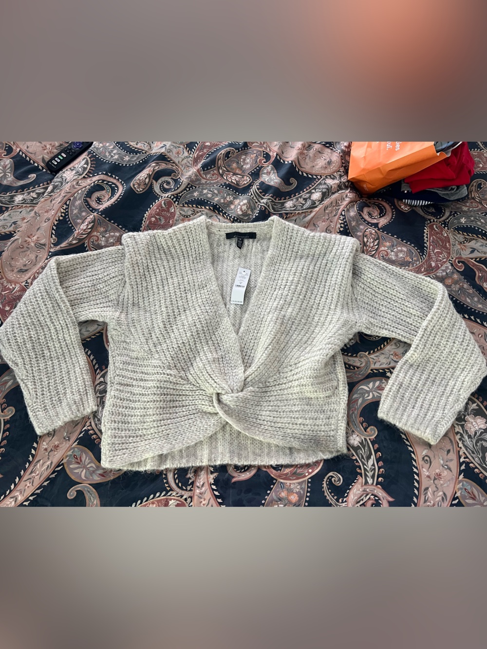 White House Black Market Cream Twist-Front V-Neck Sweater